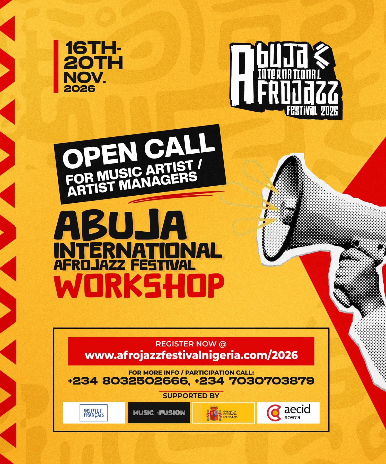 Open call poster for the Abuja International Afrojazz Festival 2026 Workshop, for music artists and artist managers, 16th to 20th November 2026 in Abuja